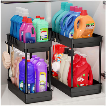 PurKeep 2-Pack Under Sink Organizer – 2-Tier Shelf with Hooks