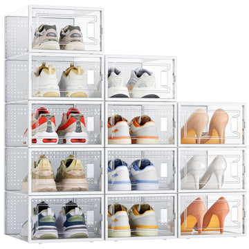 12-Pack Clear Stackable Shoe Boxes – Plastic Shoe Storage with Doors, Fits UK Size 9.5