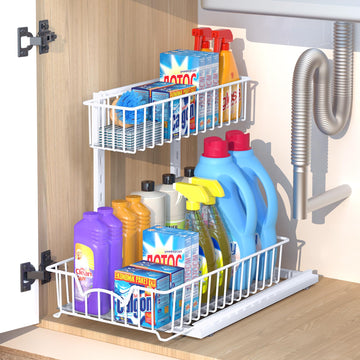 2-Tier Pull-Out Under Sink Organizer – Metal Sliding Basket Drawer for Kitchen & Bathroom (White)