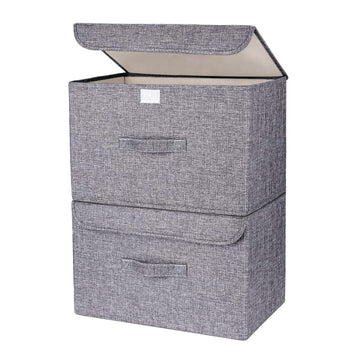 Homsorout Foldable Storage Boxes with Lid – 2-Pack Grey Wardrobe Organizers with Handle