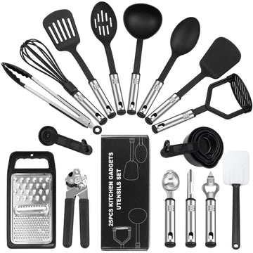 BEWOS 25-Piece Nylon Kitchen Utensils Set – Heat Resistant Non-Stick Tools (Black)