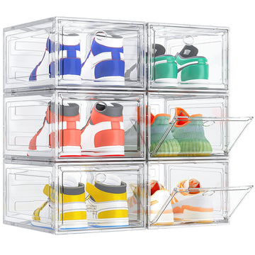 TidyTrove 6-Pack Clear Stackable Shoe Boxes – Foldable Plastic with Magnetic Door (White)