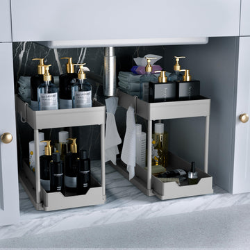 DEKAVA 2-Pack Under Sink Organizer – 2-Tier Sliding Bathroom Cabinet Baskets (Grey)