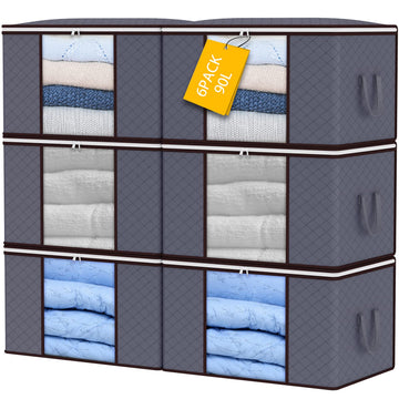 6-Pack 90L Foldable Storage Bags – Large Capacity Clothes Boxes with Lid & Zips