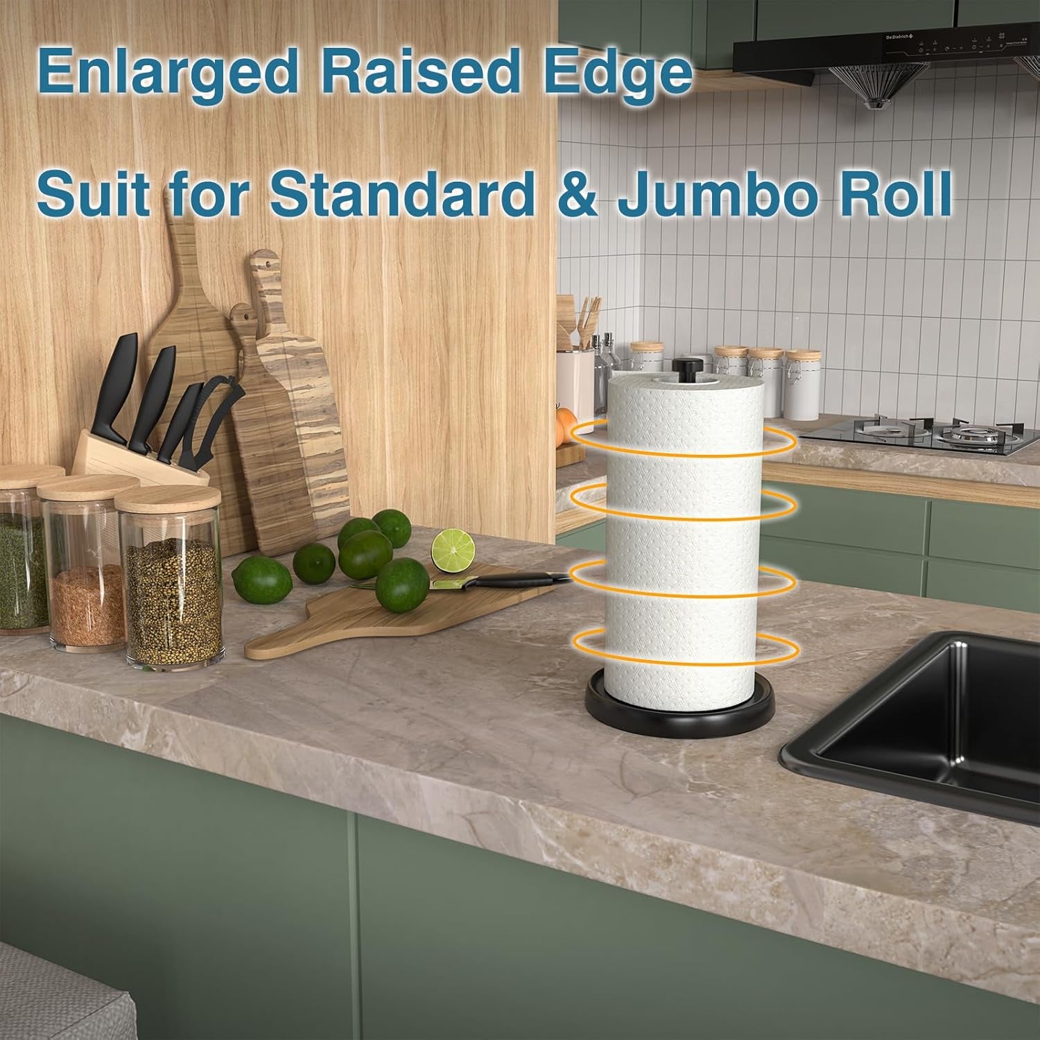 Paper Towel Holder Countertop, Black Paper Towel Holder Stand with Ratchet Mechanism for Kitchen Bathroom, One-Handed Tear Paper Stainless Steel Paper Towel Holder with Weighted Base(Black)