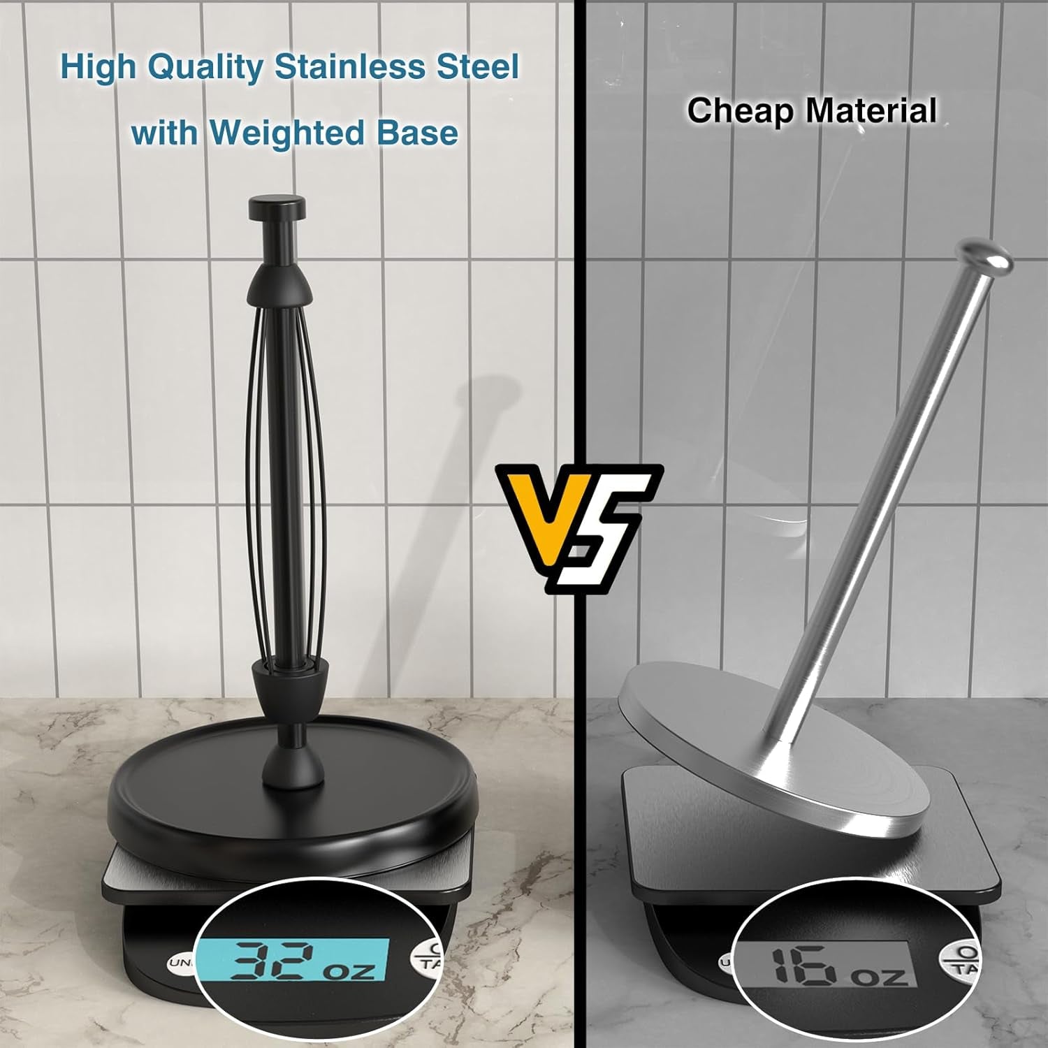 Paper Towel Holder Countertop, Black Paper Towel Holder Stand with Ratchet Mechanism for Kitchen Bathroom, One-Handed Tear Paper Stainless Steel Paper Towel Holder with Weighted Base(Black)