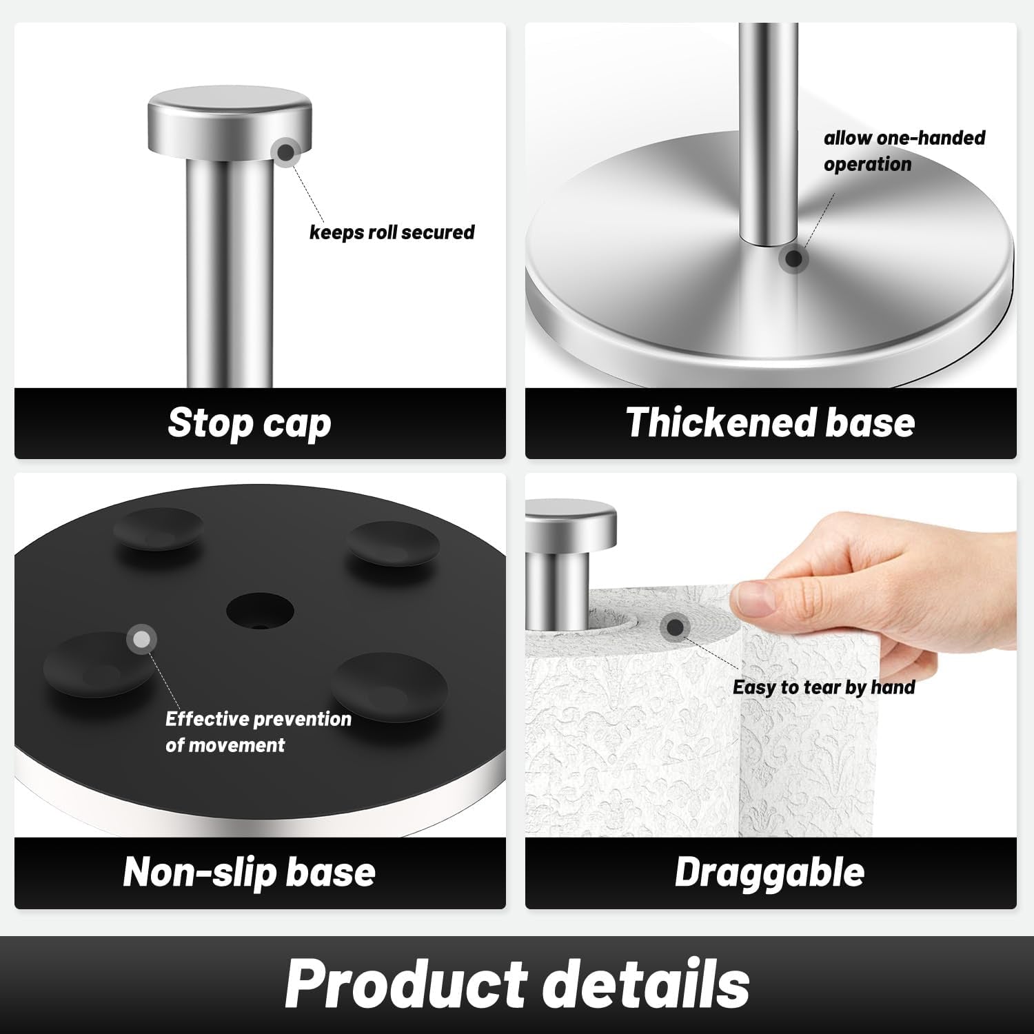 Kitchen Roll Holder Free Standing, Stainless Steel Paper Towel Holder with Suction Cups, Waterproof and Rustproof Kitchen Towel Holder, Suit for Cook House, Bathroom,Outdoor(Silver)