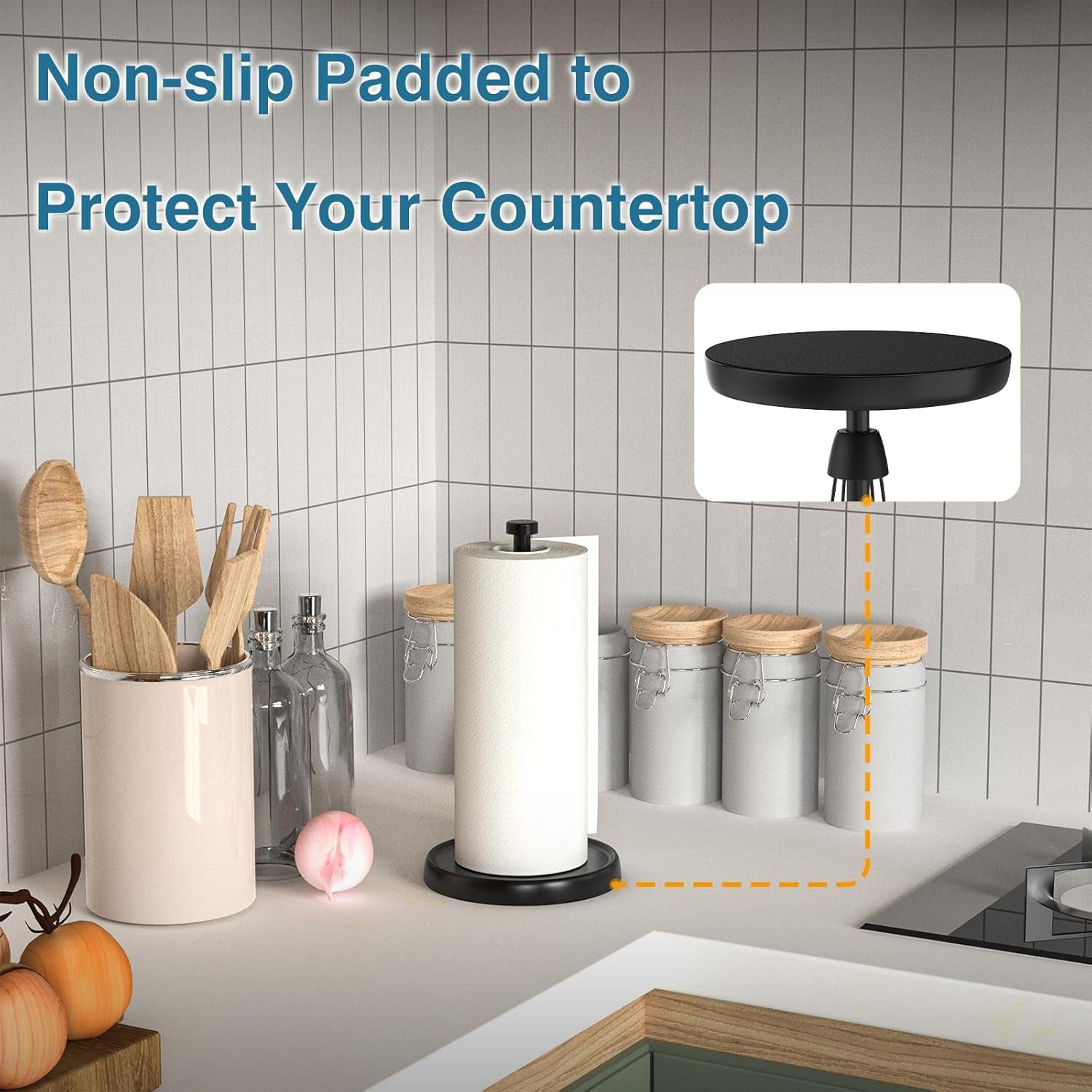 Paper Towel Holder Countertop, Black Paper Towel Holder Stand with Ratchet Mechanism for Kitchen Bathroom, One-Handed Tear Paper Stainless Steel Paper Towel Holder with Weighted Base(Black)
