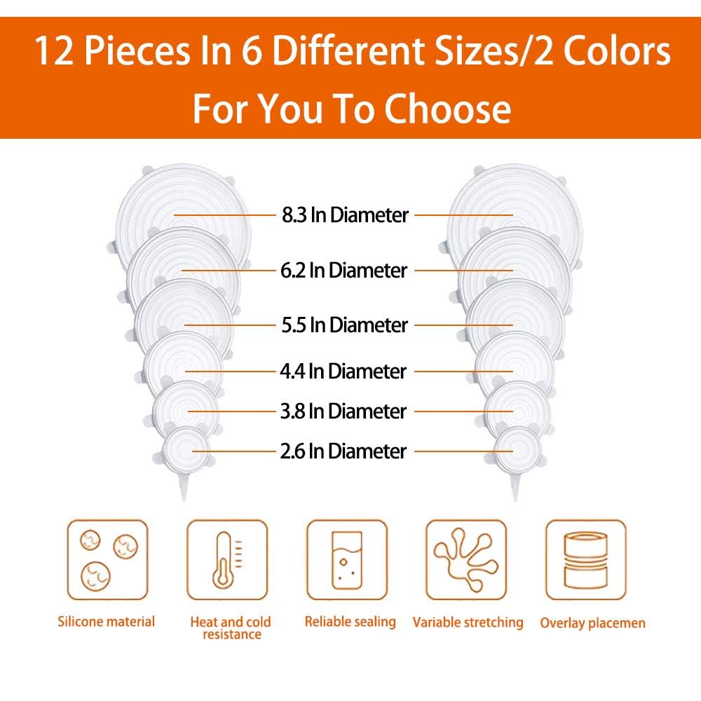 12-Pack Silicone Stretch Lids – 6 Sizes, BPA-Free, Dishwasher & Microwave Safe