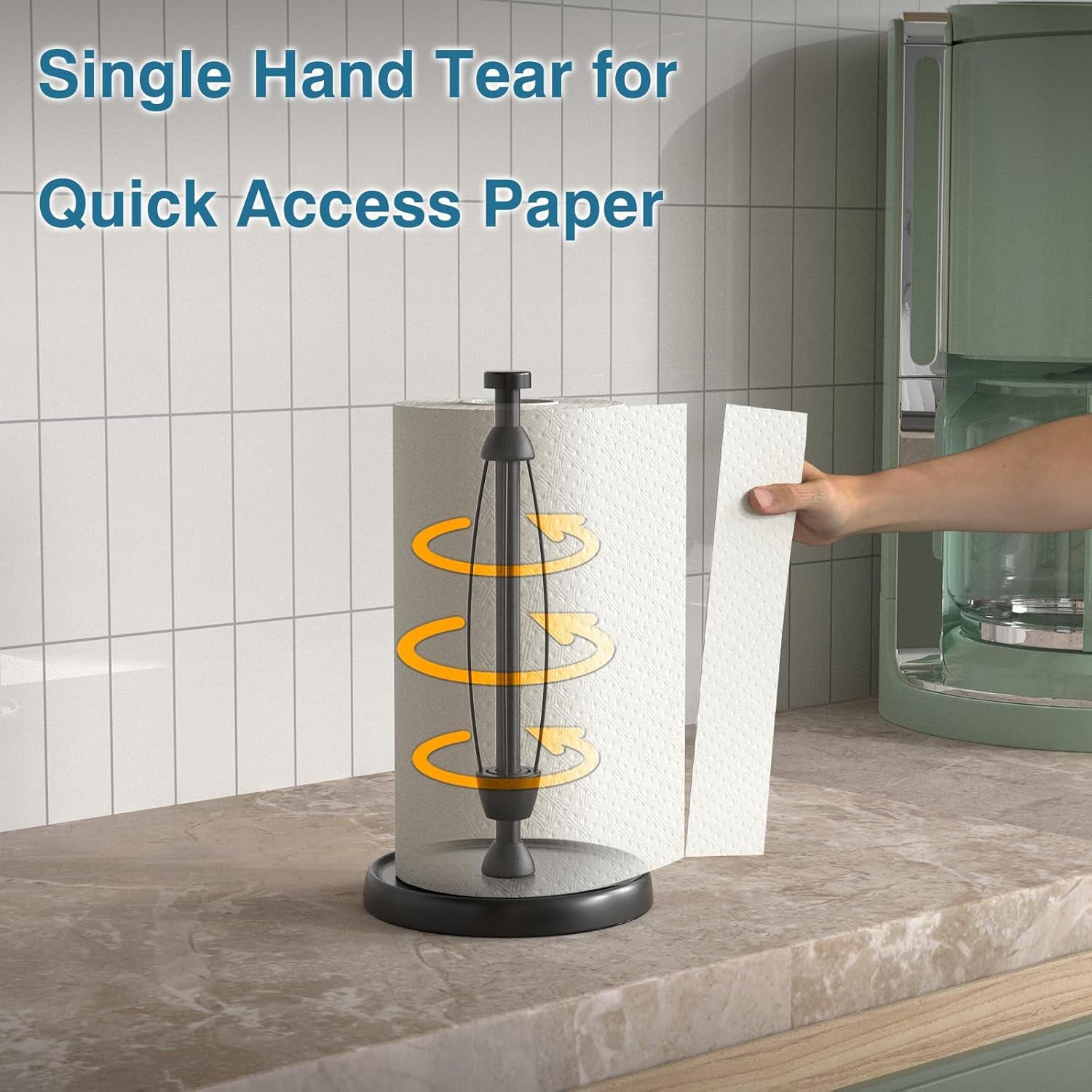 Paper Towel Holder Countertop, Black Paper Towel Holder Stand with Ratchet Mechanism for Kitchen Bathroom, One-Handed Tear Paper Stainless Steel Paper Towel Holder with Weighted Base(Black)