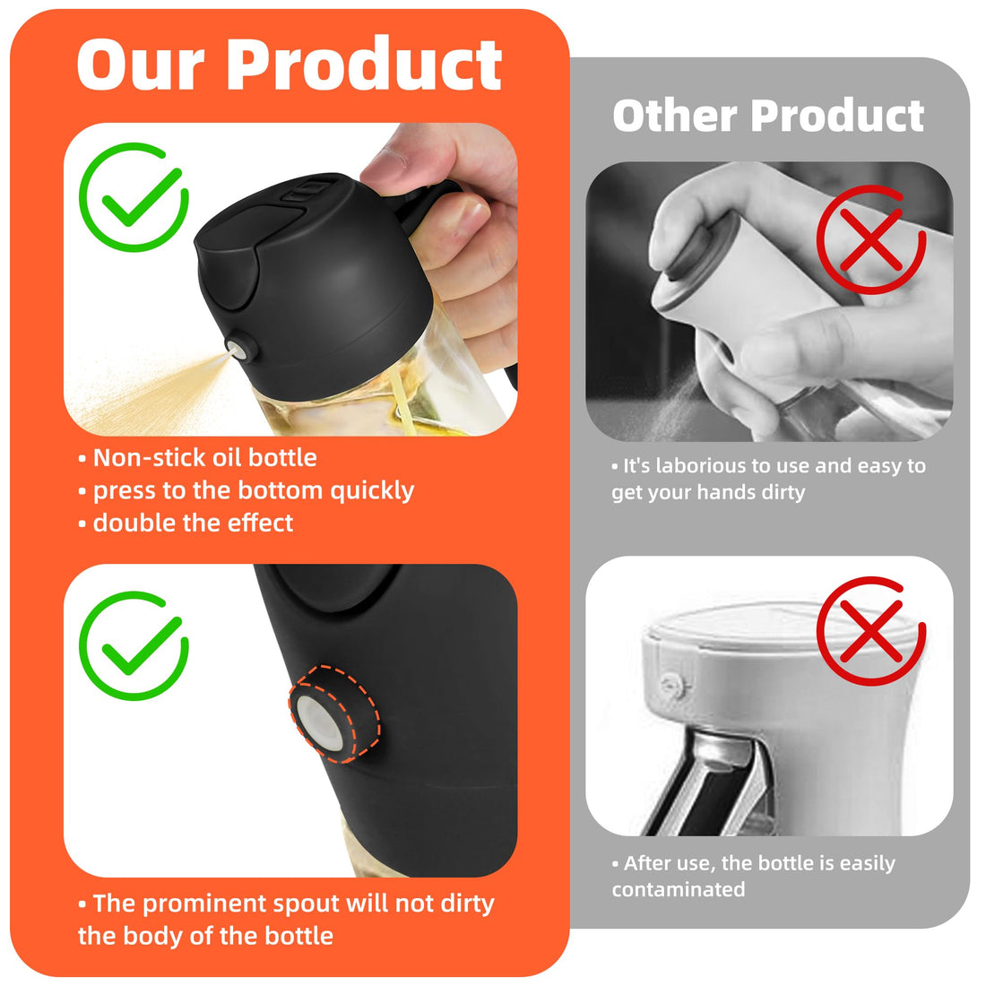 TrendPlain 16oz Olive Oil Spray Bottle – 2-in-1 Dispenser for Kitchen & Air Fryer (Black)