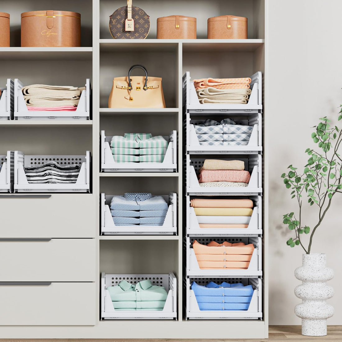 4-Pack Folding Closet Organizer Boxes – Stackable 4L Plastic Baskets for Kitchen, Bathroom