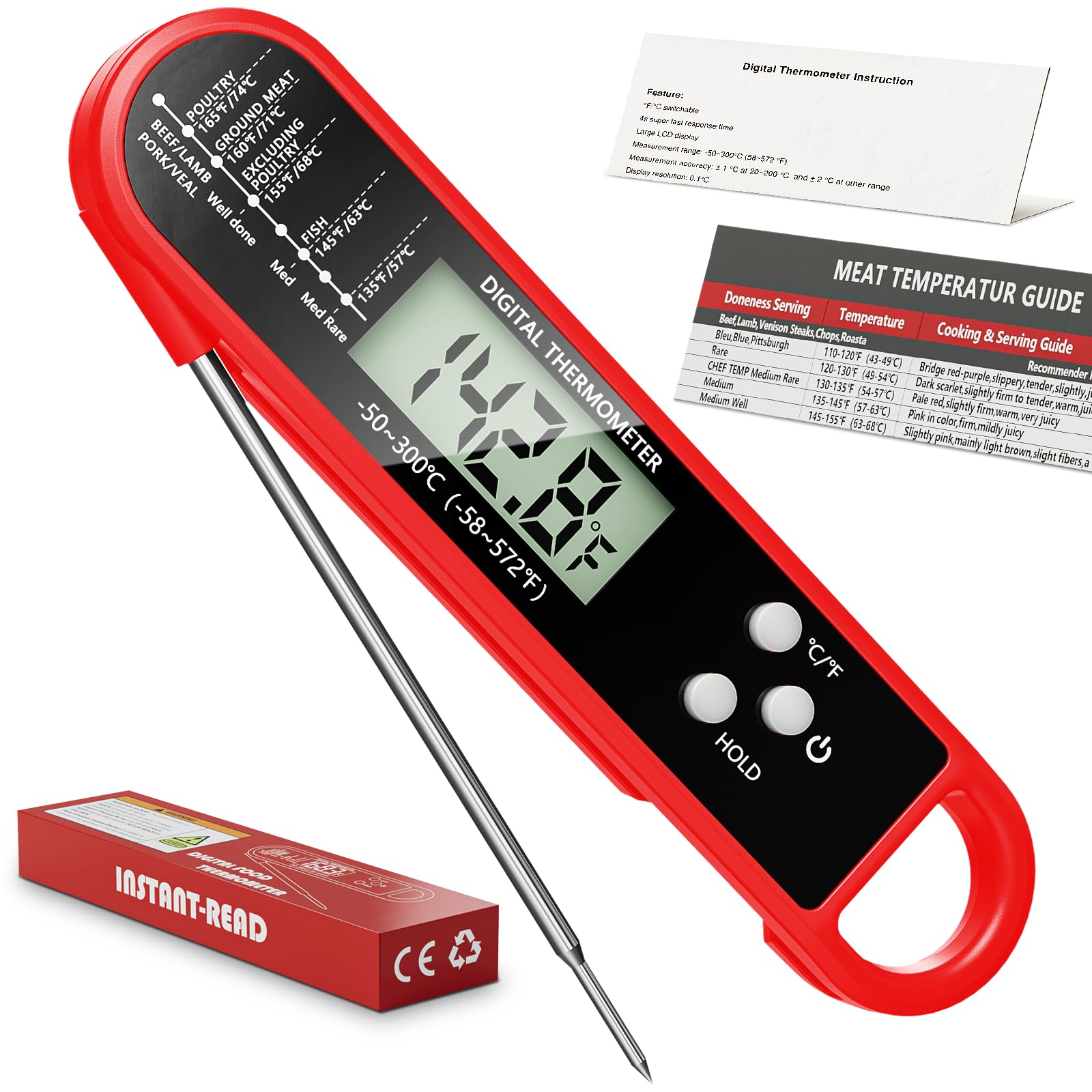 RUN HELIX Instant Read Meat Thermometer – Foldable Probe with Backlight LCD (Red)