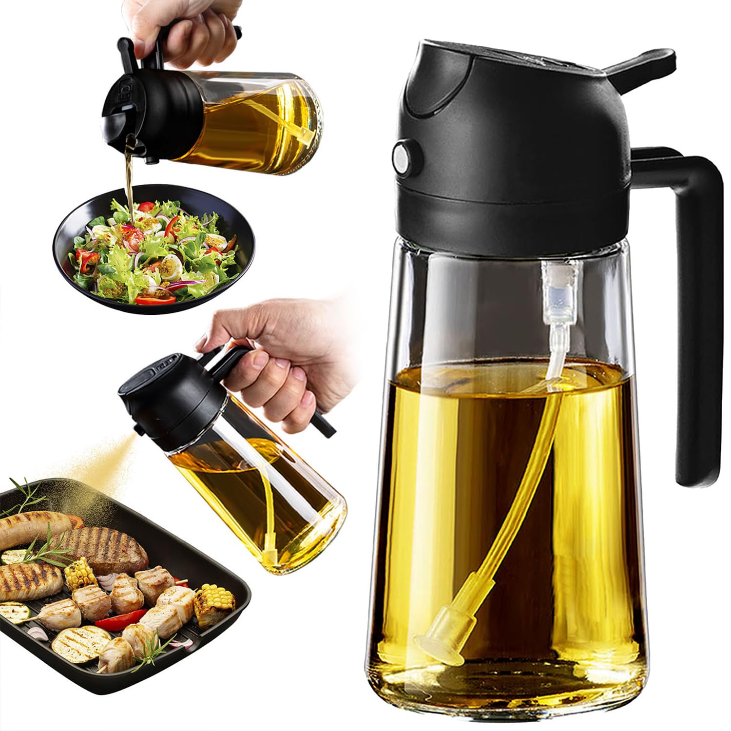 TrendPlain 16oz Olive Oil Spray Bottle – 2-in-1 Dispenser for Kitchen & Air Fryer (Black)
