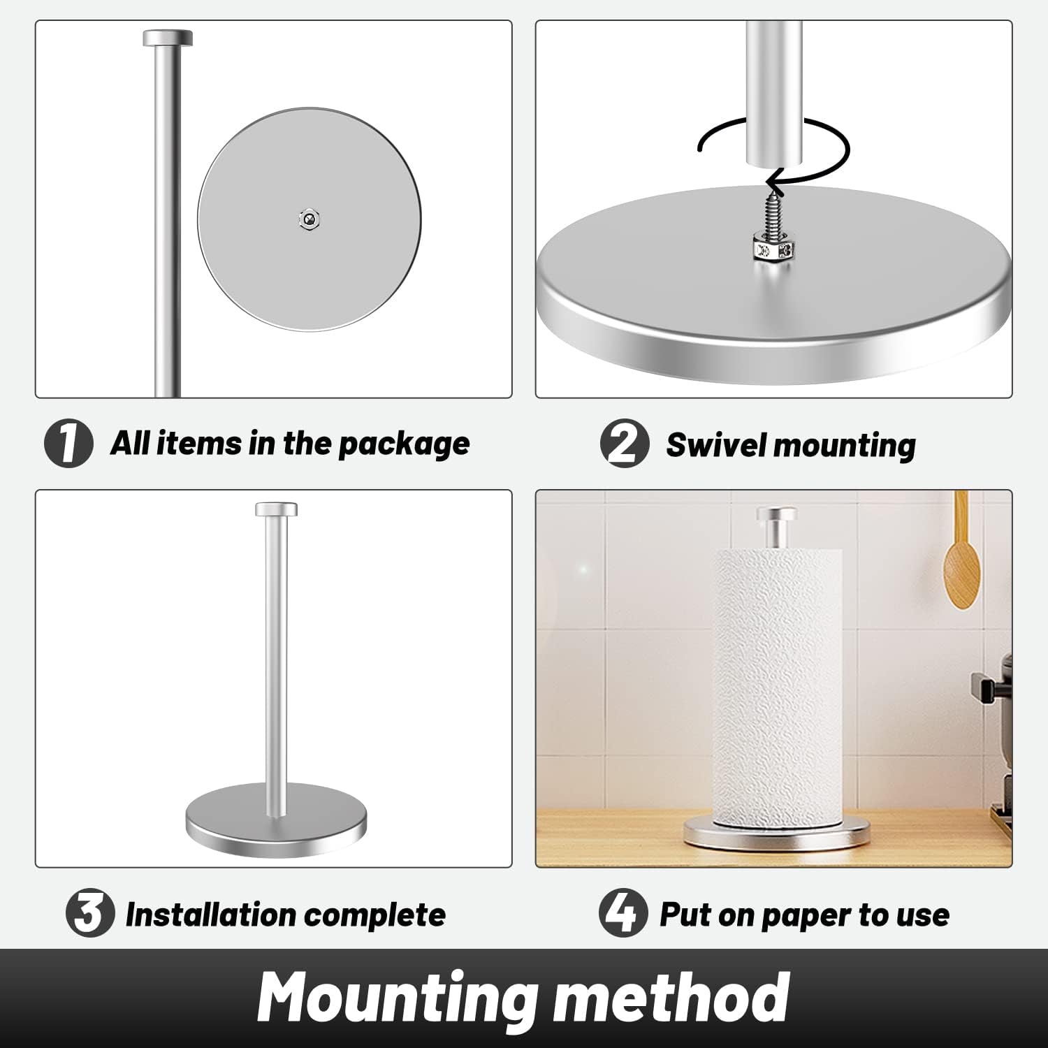 Kitchen Roll Holder Free Standing, Stainless Steel Paper Towel Holder with Suction Cups, Waterproof and Rustproof Kitchen Towel Holder, Suit for Cook House, Bathroom,Outdoor(Silver)