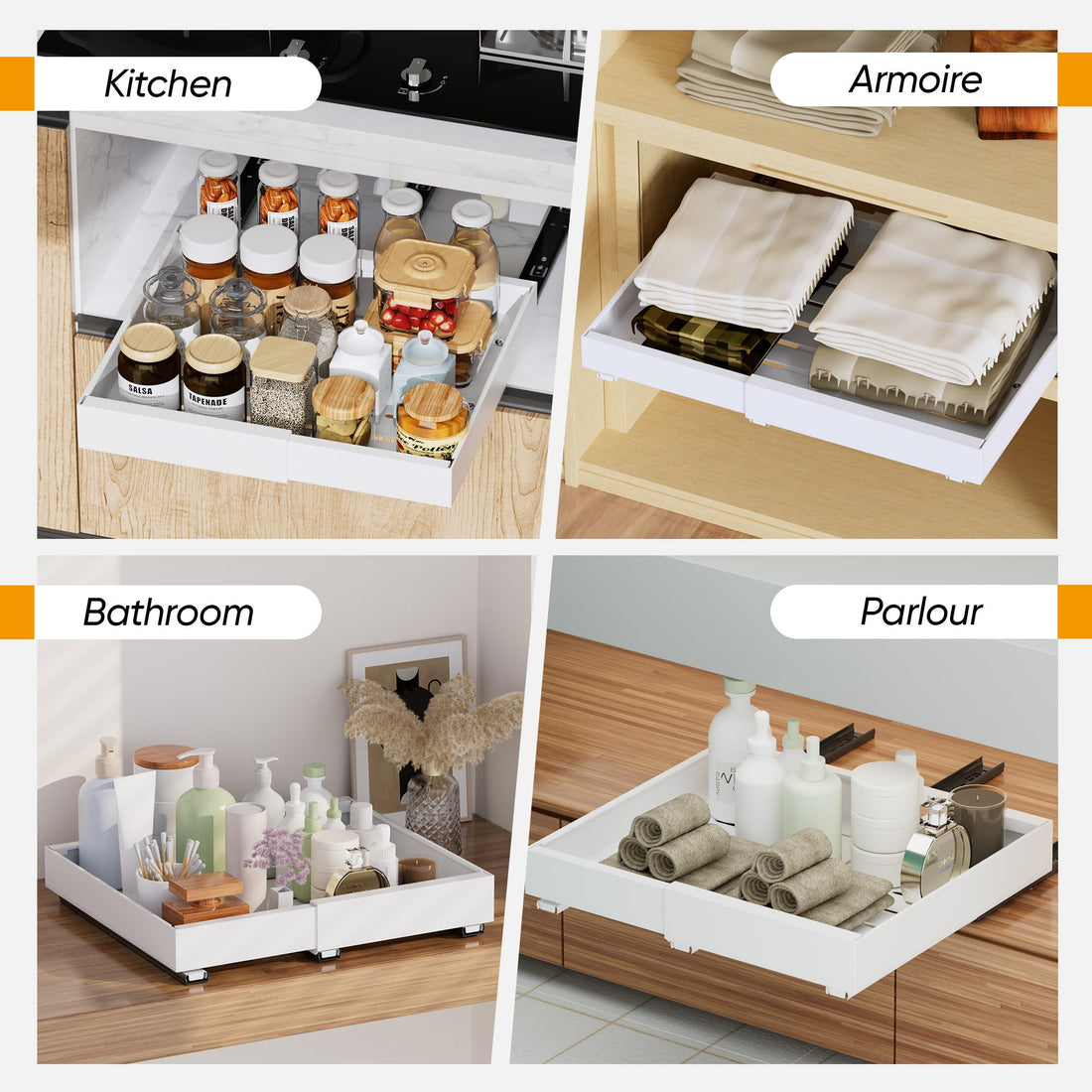 2 Pack Expandable Pull-Out Cabinet Organizers – Adhesive Slide-Out Drawers, Adjustable Width 12.6"-21"
