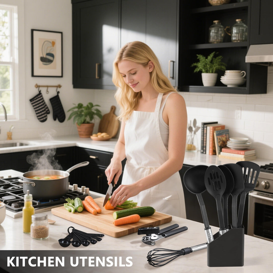 BEWOS 25-Piece Nylon Kitchen Utensils Set – Heat Resistant Non-Stick Tools (Black)