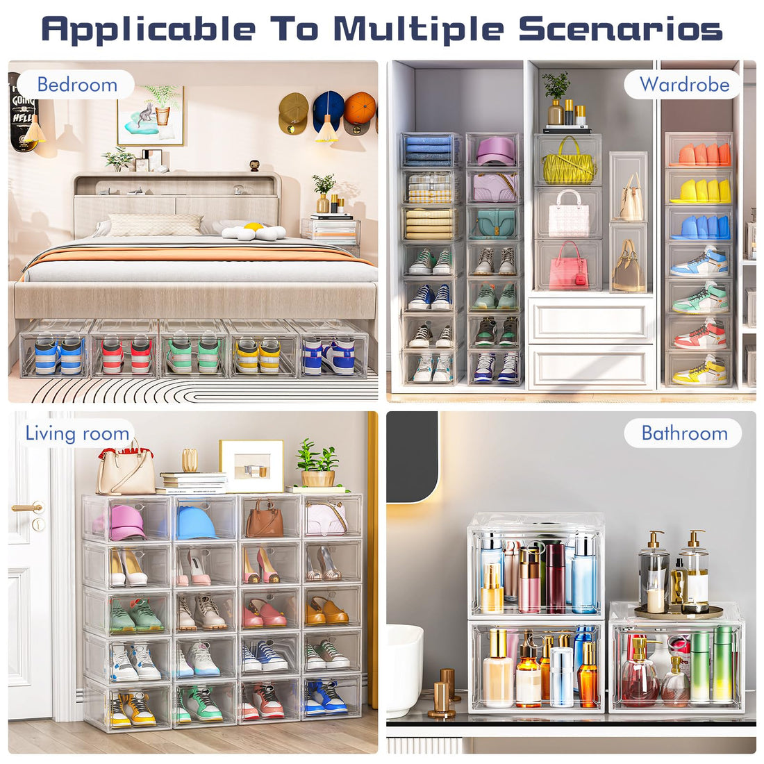 TidyTrove 6-Pack Clear Stackable Shoe Boxes – Foldable Plastic with Magnetic Door (White)