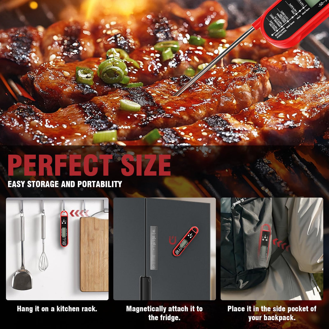 RUN HELIX Instant Read Meat Thermometer – Foldable Probe with Backlight LCD (Red)