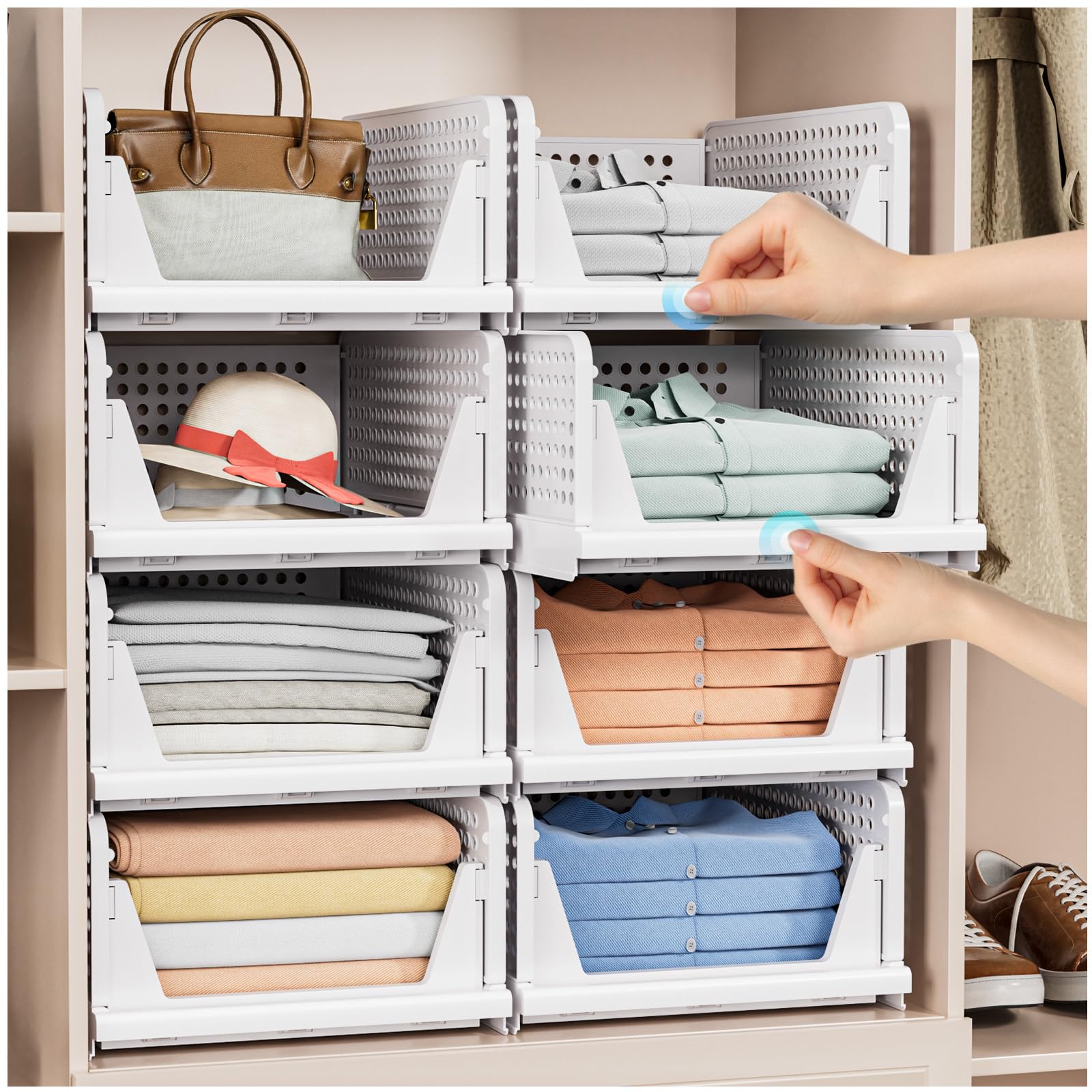 4-Pack Folding Closet Organizer Boxes – Stackable 4L Plastic Baskets for Kitchen, Bathroom