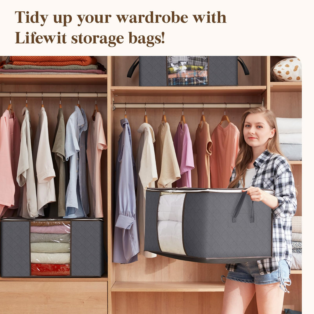 Lifewit 3-Pack 95L Clothes Storage Bags with Lid – Grey