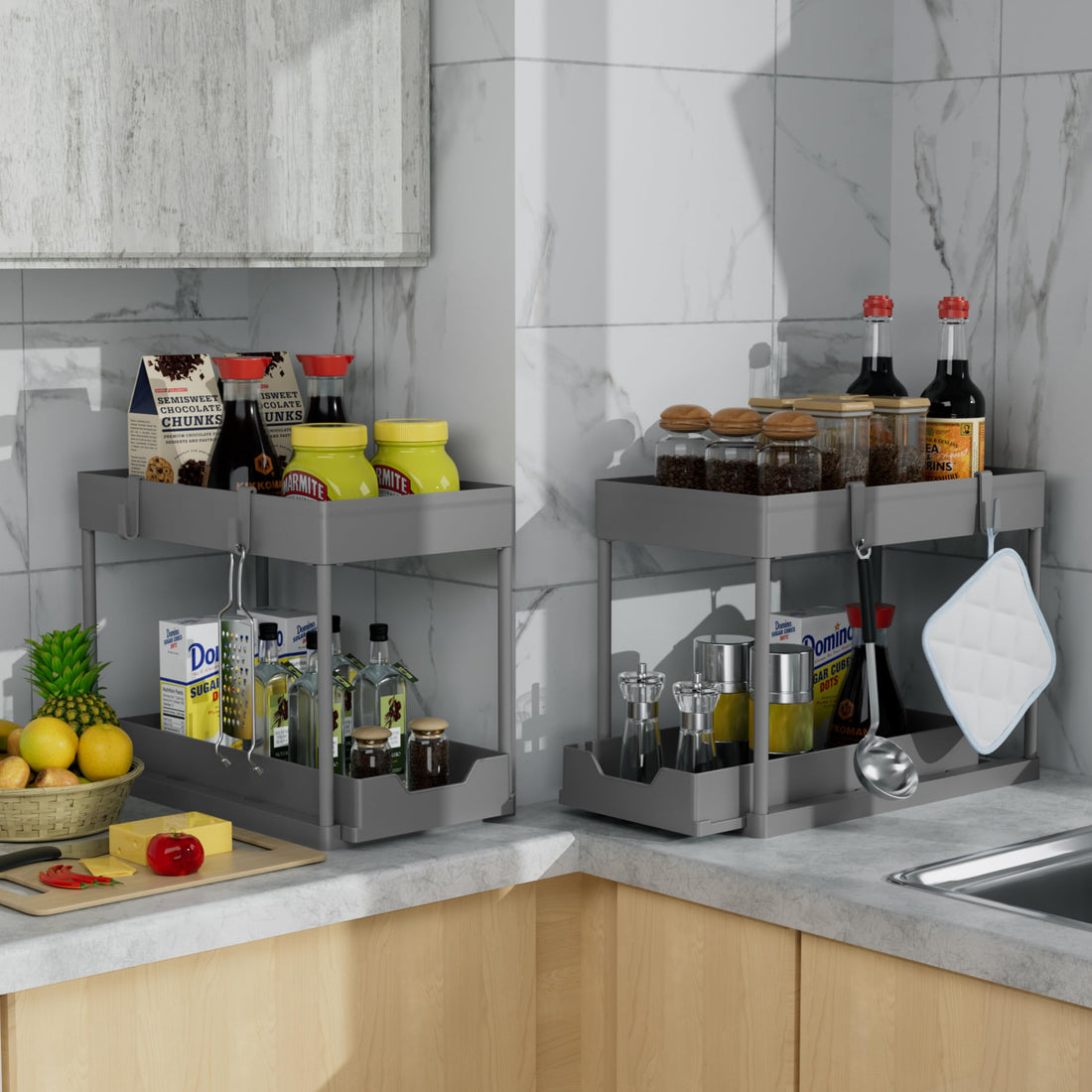 DEKAVA 2-Pack Under Sink Organizer – 2-Tier Sliding Bathroom Cabinet Baskets (Grey)