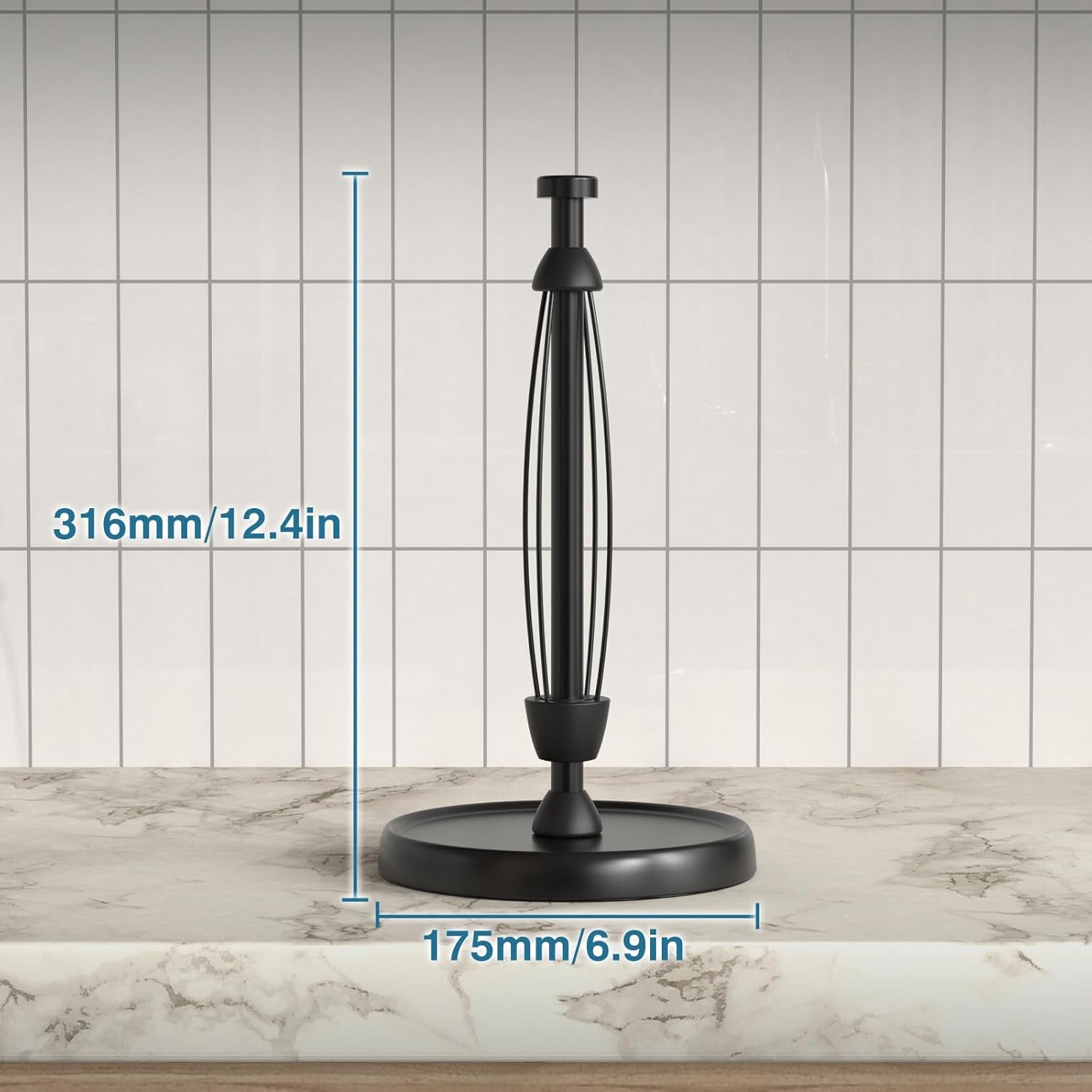 Paper Towel Holder Countertop, Black Paper Towel Holder Stand with Ratchet Mechanism for Kitchen Bathroom, One-Handed Tear Paper Stainless Steel Paper Towel Holder with Weighted Base(Black)